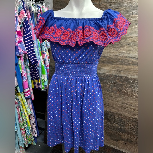 Lilly Pulitzer Blue Red White Off-Shoulder Midi Sundress - Picture 1 of 7